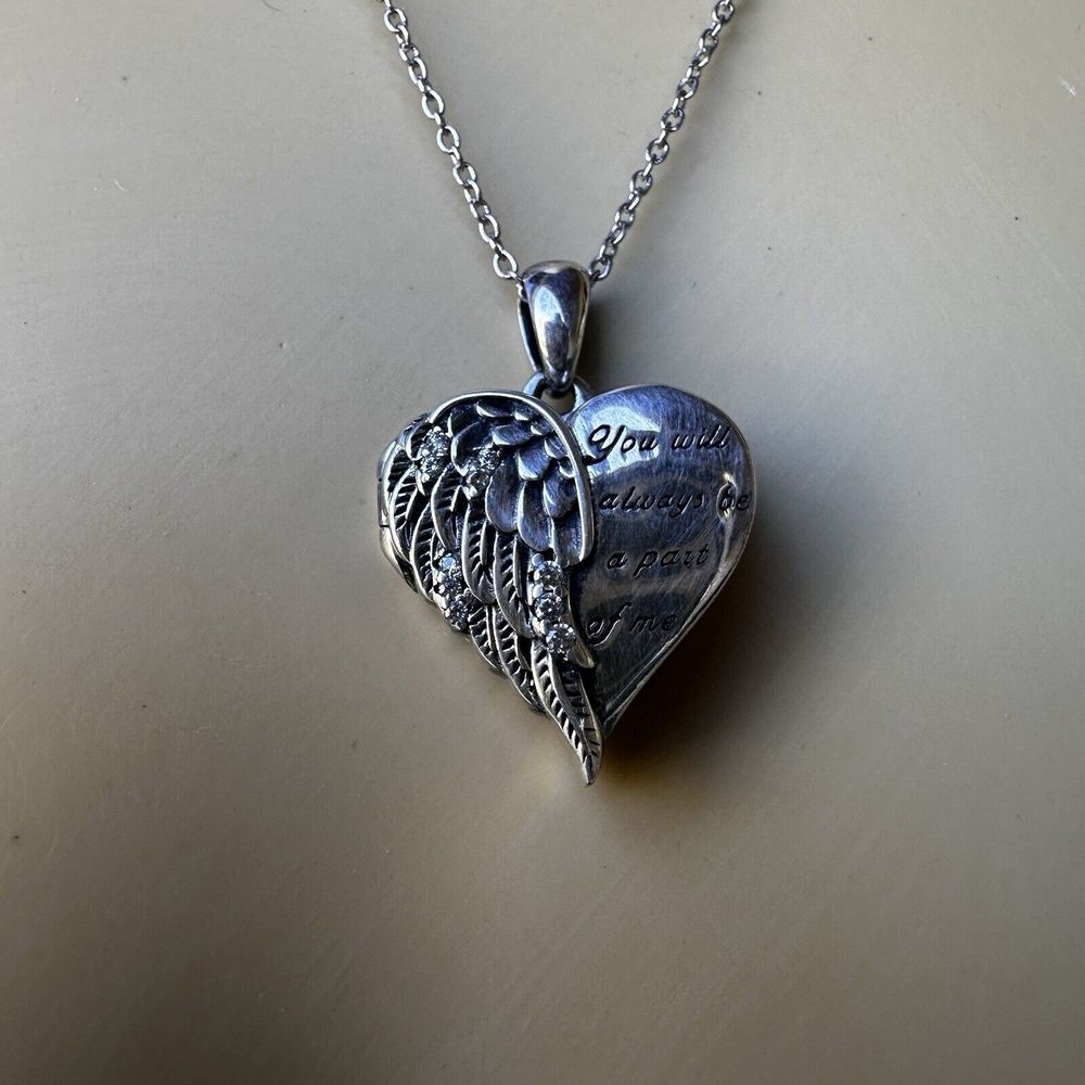 Heart Photo Locket Pendant Necklace 18 Inch CZ Angel Wings 925 Sterling 7.0g - Picture 3 of 9